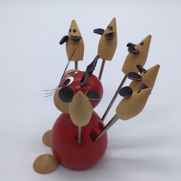 Retro Giftcraft Wooden Whimsical Cat & 6 Mice Forks - Picture 3 of 8